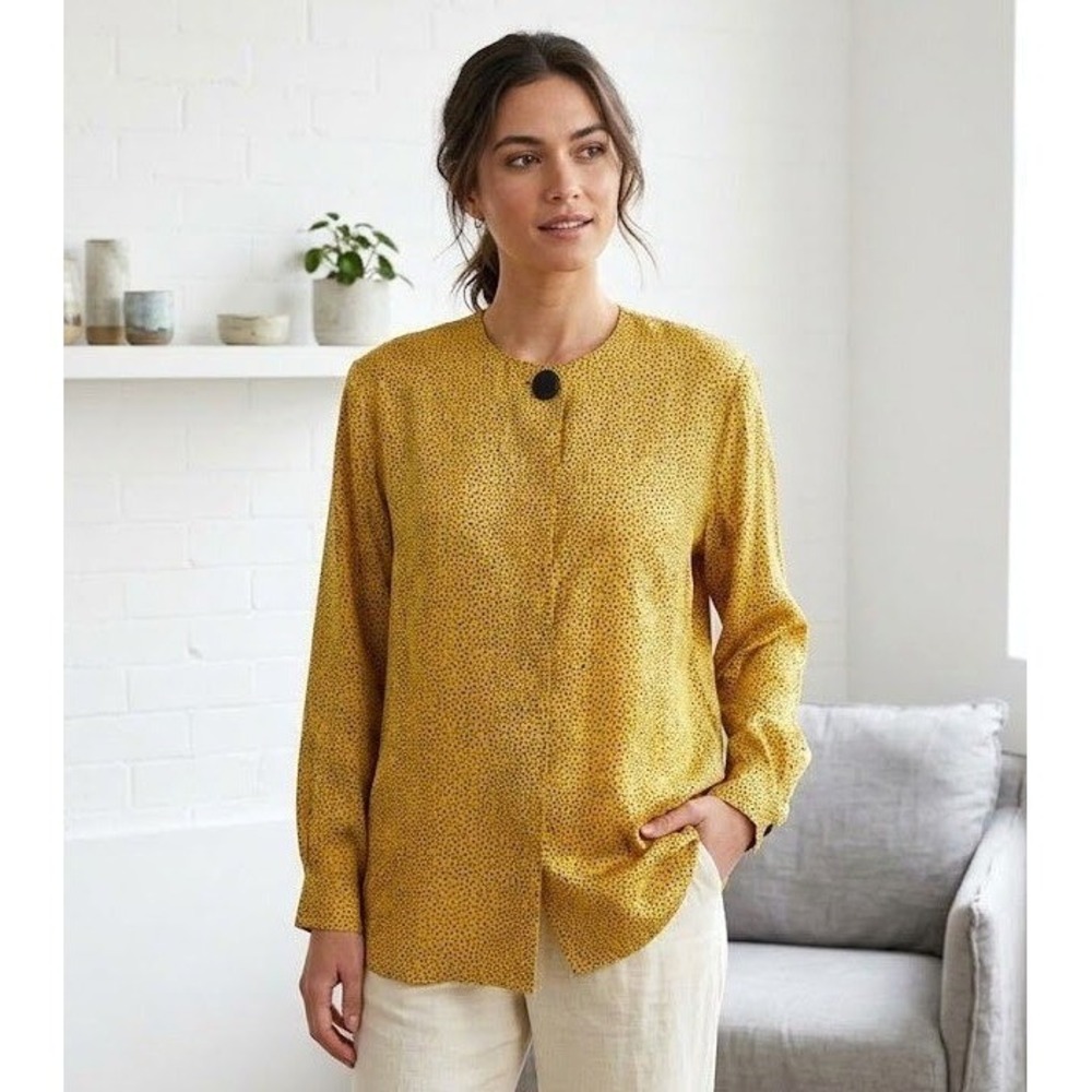 Lloyd Williams Blouse 12 Yellow Black Speckled Silk Collarless Vintage 80s 90s